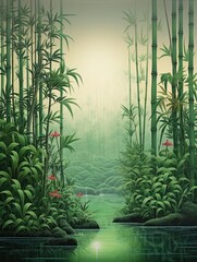 Vintage Painting: Island Artwork Featuring Serene Bamboo Forests and Nature Beauties