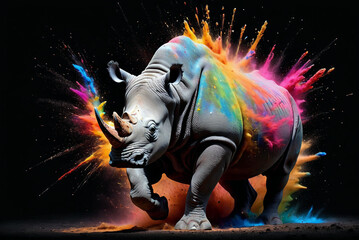 running rhino in a splash explosion of colors, variegated paint burst