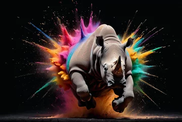 Poster rhino running through a splash explosion of colors, variegated paint burst © pflonk