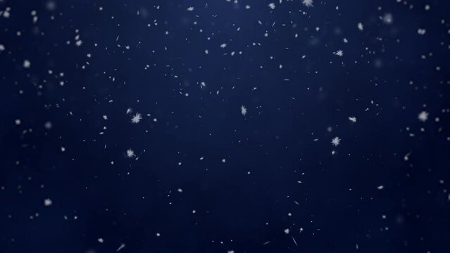 White snowflakes on a blue gradient background seamless looped. Snowfall, snowstorm, realistic snow falls chaotically from top to bottom.  New Year, Christmas background. 4k, 60fps, HD.
