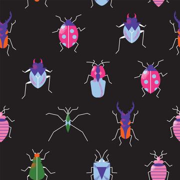 Cute cartoon insect characters seamless pattern. Funny happy small bugs, caterpillars, grasshoppers, beetles, worms, bees and ants. Flat modern vector illustrations isolated on black background