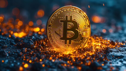 Bitcoin resting on top of a heap of finely powdered gold