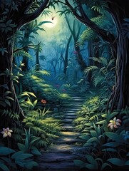 Jungle Pathways Poster: Moonlit Scene, Forest Wall Decor - Nature Night