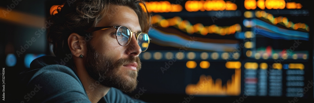 Poster happy man watching trading webinars, learning new trading skills, trading background with black and 