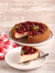 Homemade cherry topping cheesecake slice