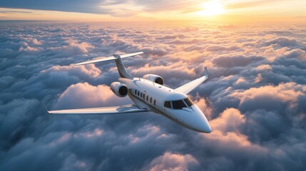 Majestic view of a private jet soaring high above a sea of fluffy clouds during golden hour - obrazy, fototapety, plakaty