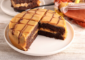 Chocolate caramel cake, sliced