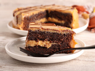 Chocolate caramel cake, sliced