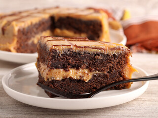 Chocolate caramel cake, sliced