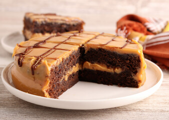 Chocolate caramel cake, sliced