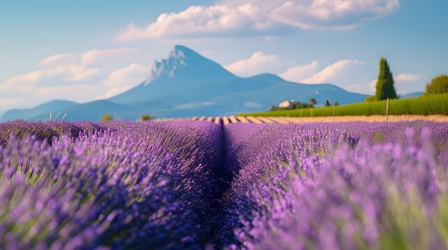 Lavender field with majestic mountain in the background. vibrant purple blooms under a clear sky. perfect for nature and travel themes. AI
