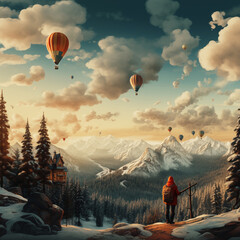 Fantasy landscape. Wanderer enjoying a fairy tale landscape with a pine wood forest and colorful balloons in the sky. Beautiful snowy mountains in the background and gorgeous fluffy clouds above them.