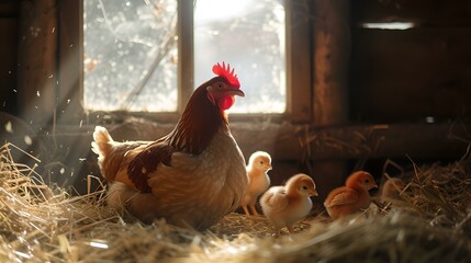 Mother hen with her chicks in a rustic barn setting, peaceful farm life captured in warm sunlight. perfect for agriculture themes. AI