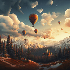 Fantasy landscape. Wanderer enjoying a fairy tale landscape with a pine wood forest and colorful balloons in the sky. Beautiful snowy mountains in the background and gorgeous fluffy clouds above them.