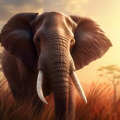 AI-generated illustration of an African elephant walking across an open grassy field at golden hour.