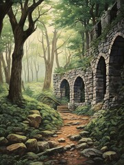 Nature Artwork: Landscape Poster with Old World Cobblestone Bridges and Pathway Scene