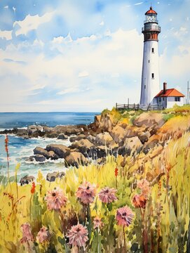 Vintage Lighthouse Landscape Print: Seaside Nature Artwork