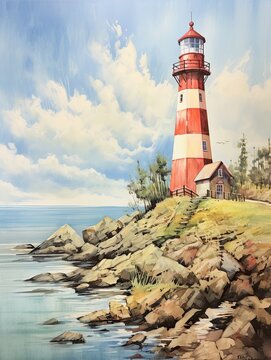 Vintage Lighthouse Views: Artistic Modern Landscape Saturated with Seaside Scenes