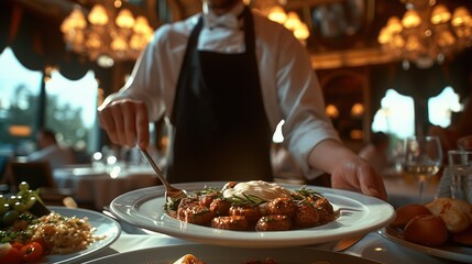A waiter serving food in hotel dining room. Generative AI.