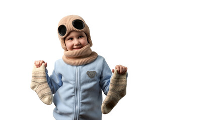 Smiling little girl in knitted goggle hat holding two wool socks. Png.