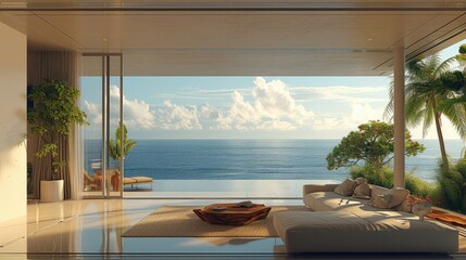A living room at house with view to the ocean, natural light. Generative AI.