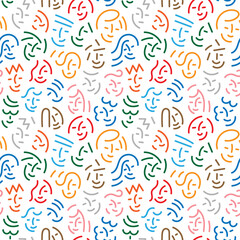 Young people faces , kids and teenager group -  seamless vector background  , multicolored line icons pattern  