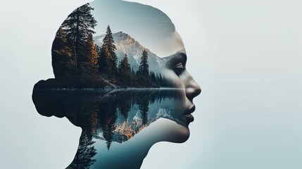 Double exposure combines a woman's face, mountains, forest and a body of water. Panoramic view. The concept of the unity of nature and man. Dream, reminisce or plan a climb. A memory of a journey.