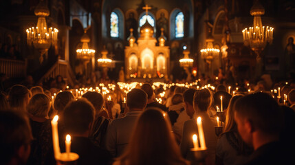 People holding candles in a church during a religious ceremony. Christmas eve, great easter vigil, holy night concept.