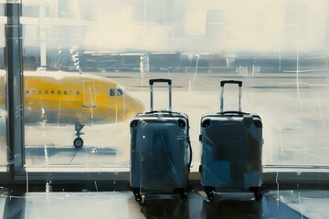 Two suitcases at airport terminal waiting area with a yellow airplane in view. travel concept with clear focus on luggage. serene airport scene. AI