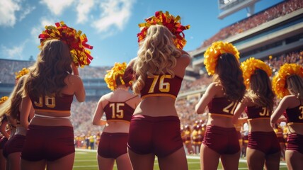 Group of cheerleaders in formation, performing at a sports event with pompoms - obrazy, fototapety, plakaty