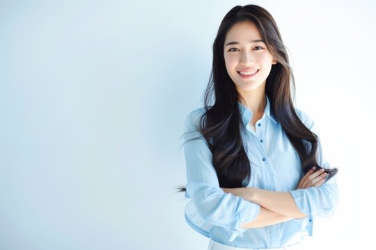 Graceful young woman in a light blue blouse posing with a confident smile
