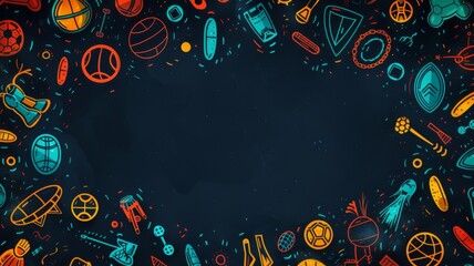 Vibrant hand-drawn sports equipment scattered around a dark background, creating a colorful border with ample copy space.