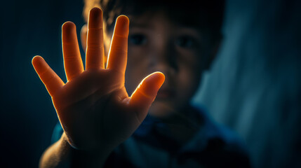 Child's hand, gesture of fear - obrazy, fototapety, plakaty