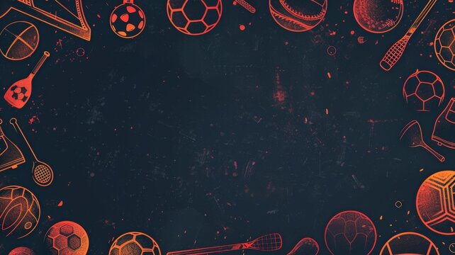 Dynamic red sports background featuring a variety of equipment and confetti, ideal for energetic and active themes.