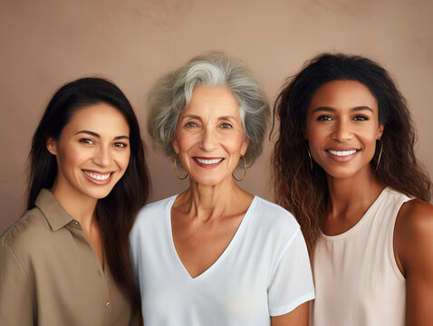 Portrait of beautiful cheerful women of different age and race