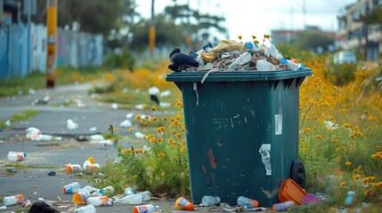 A bin overflows with rubbish. underlining the continual challenge of waste management in city environments. Generative AI.