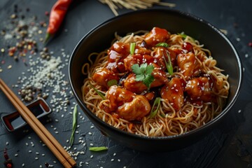 Aromatic bowl of chicken noodles garnished with herbs and sauce - obrazy, fototapety, plakaty