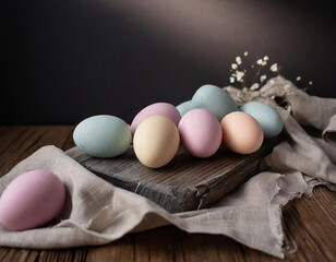 Easter, pastel Easter eggs lying on a wooden table on canvas, black and dark background