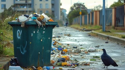 A bin overflows with rubbish. underlining the continual challenge of waste management in city environments. Generative AI.