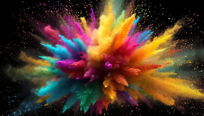 Colored dust explosion isolated on black background. Freeze motion of colored dust