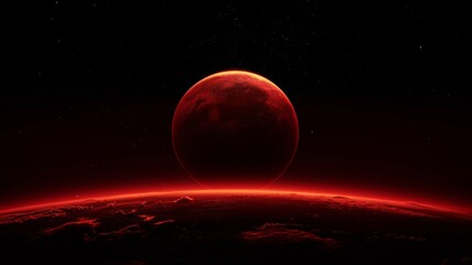 Fototapeta premium Majestic view of a red planet rising over a barren extraterrestrial horizon