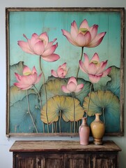 Lotus Pond Wall Decor: Vintage Landscape Art with Floating Flowers