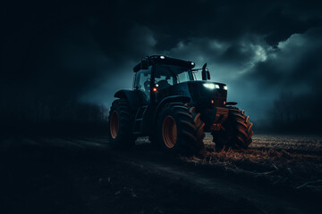 Agricultural tractor with headlights at night