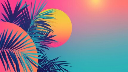 Fototapeta na wymiar 90s retro, palm trees, sun, moon vibrant colors, geometric shapes, minimalist, copy space, background