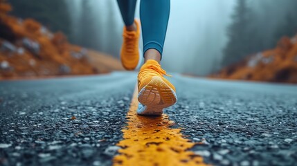 Close-up of a girl running along a road in the forest. The concept of sports and health