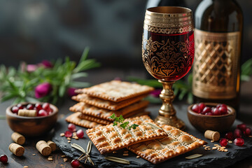 matzah Jewish holiday bread and glass of wine, Passover celebration concept
