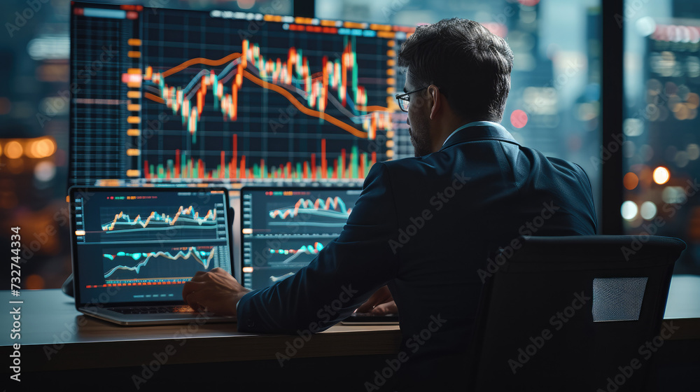 Poster Business man is working with laptop in front of trading analysis chart. trade analyzing on computer monitors. Generative AI.