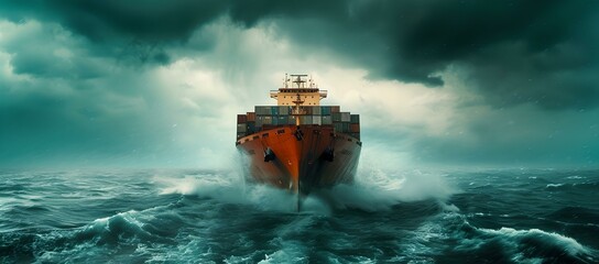 Cargo ship facing rough seas, dramatic maritime scene, resilient vessel against stormy ocean backdrop. AI - obrazy, fototapety, plakaty