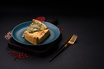 Delicious crispy quiche cut into slices with cheese, broccoli, tomatoes