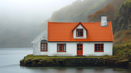 A serene, white cottage with a vibrant orange roof stands alone beside a foggy lake, enveloped by the quiet embrace of a misty landscape, evoking a sense of peaceful isolation and retreat into nature